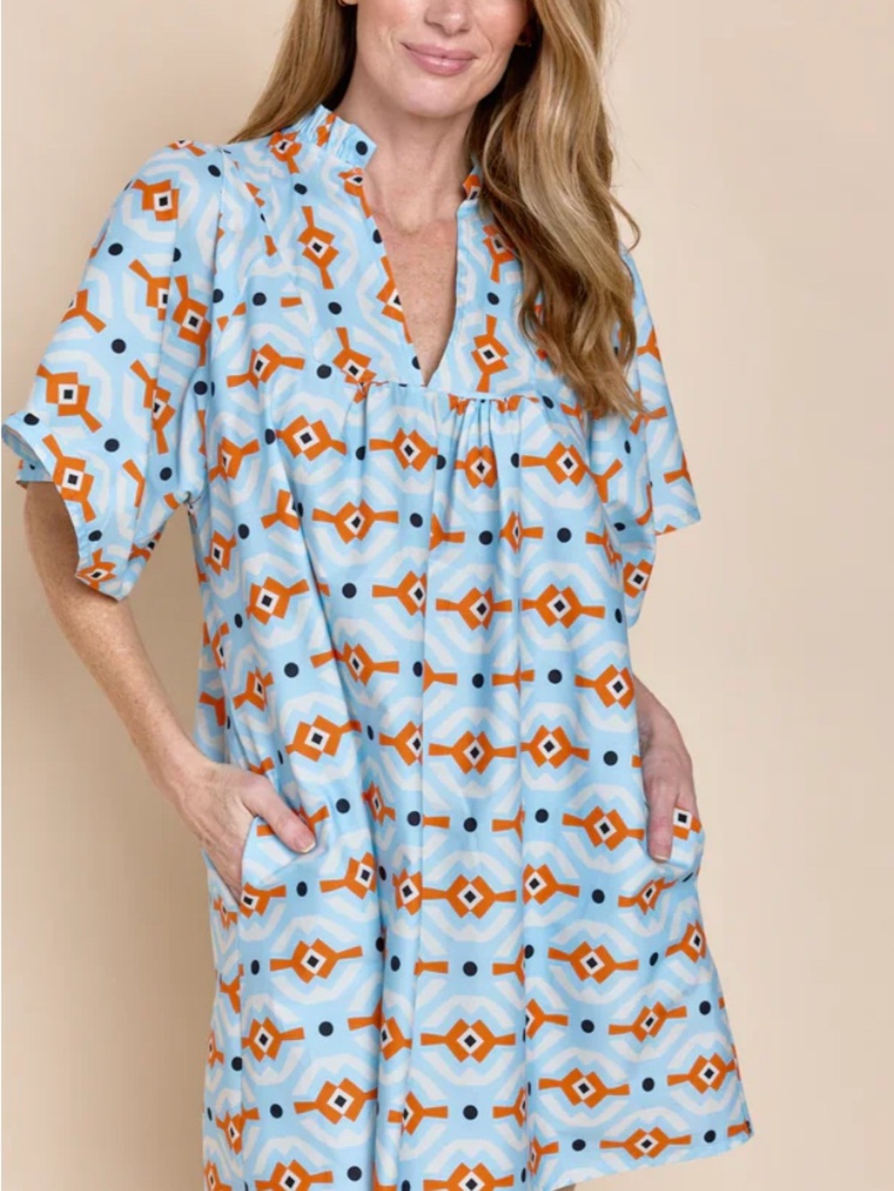 Sosia Made in Italy Geometric Short Sleeve Tunic - Light Blue & Orange